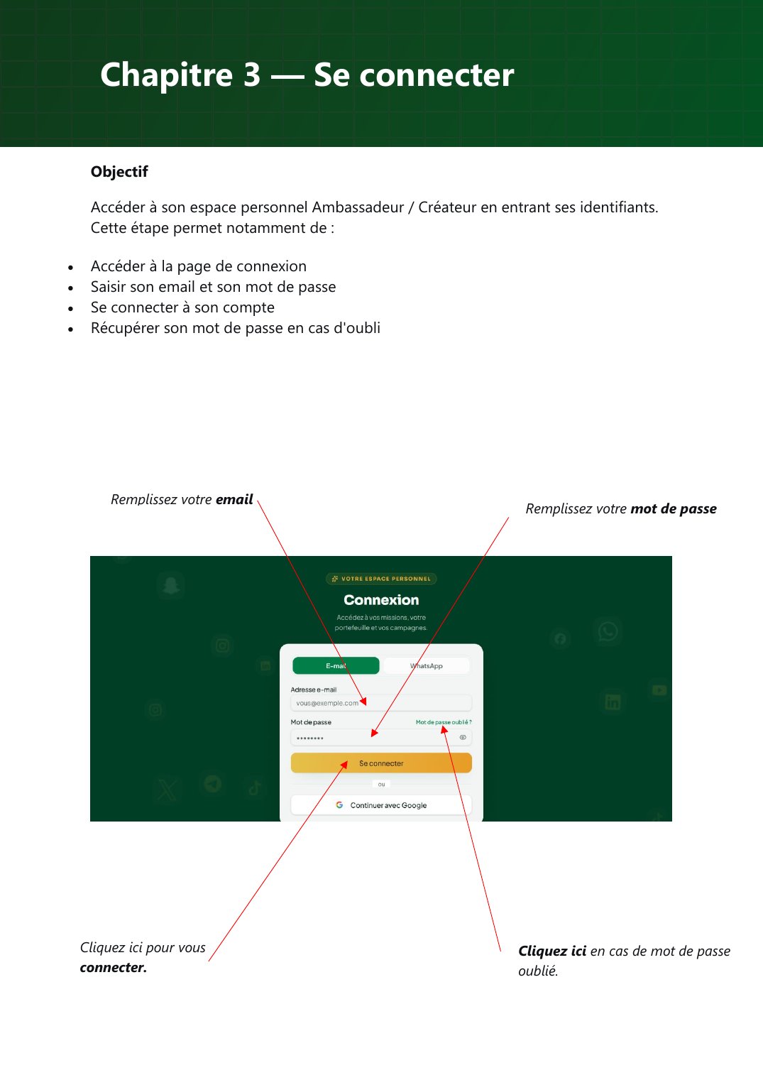 Page de connexion : e-mail, mot de passe et récupération.