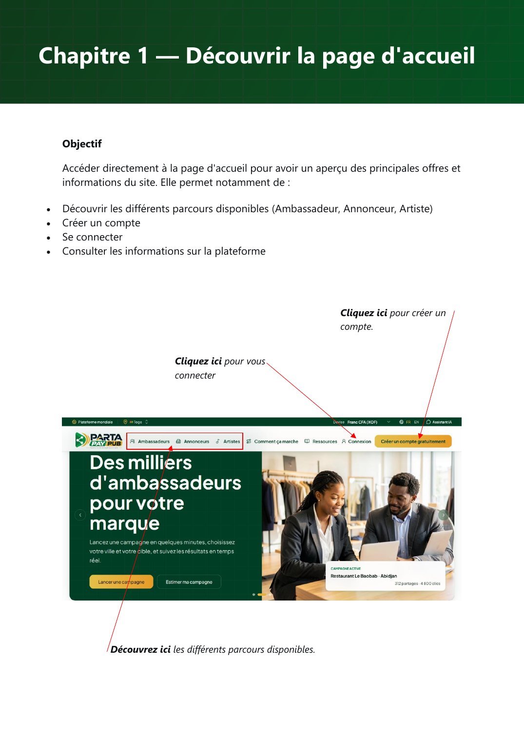 Page d’accueil : créer un compte, se connecter et découvrir les parcours.