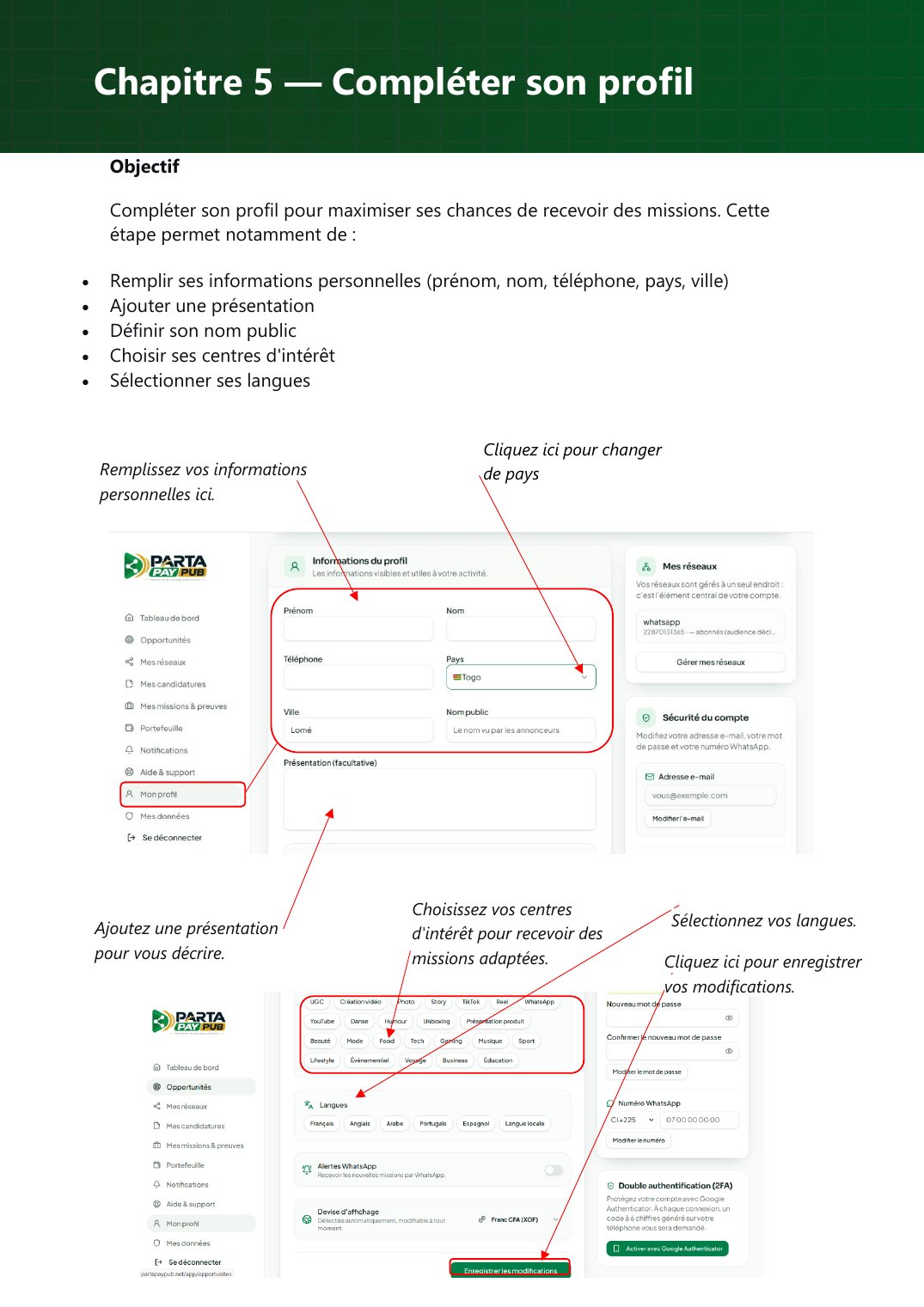 Profil : informations, présentation, centres d’intérêt et langues.