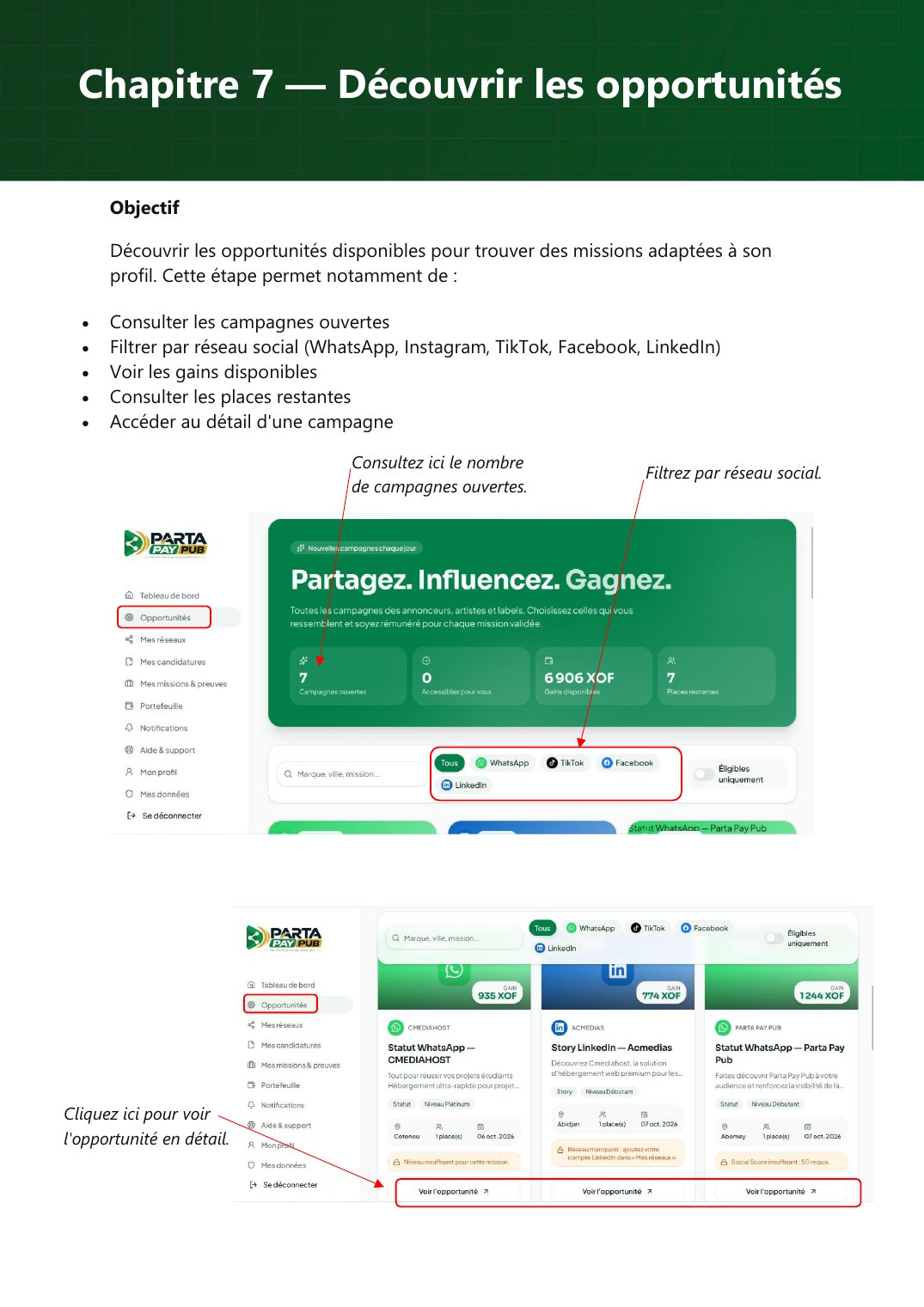 Opportunités : campagnes ouvertes, filtres et détail d’une mission.