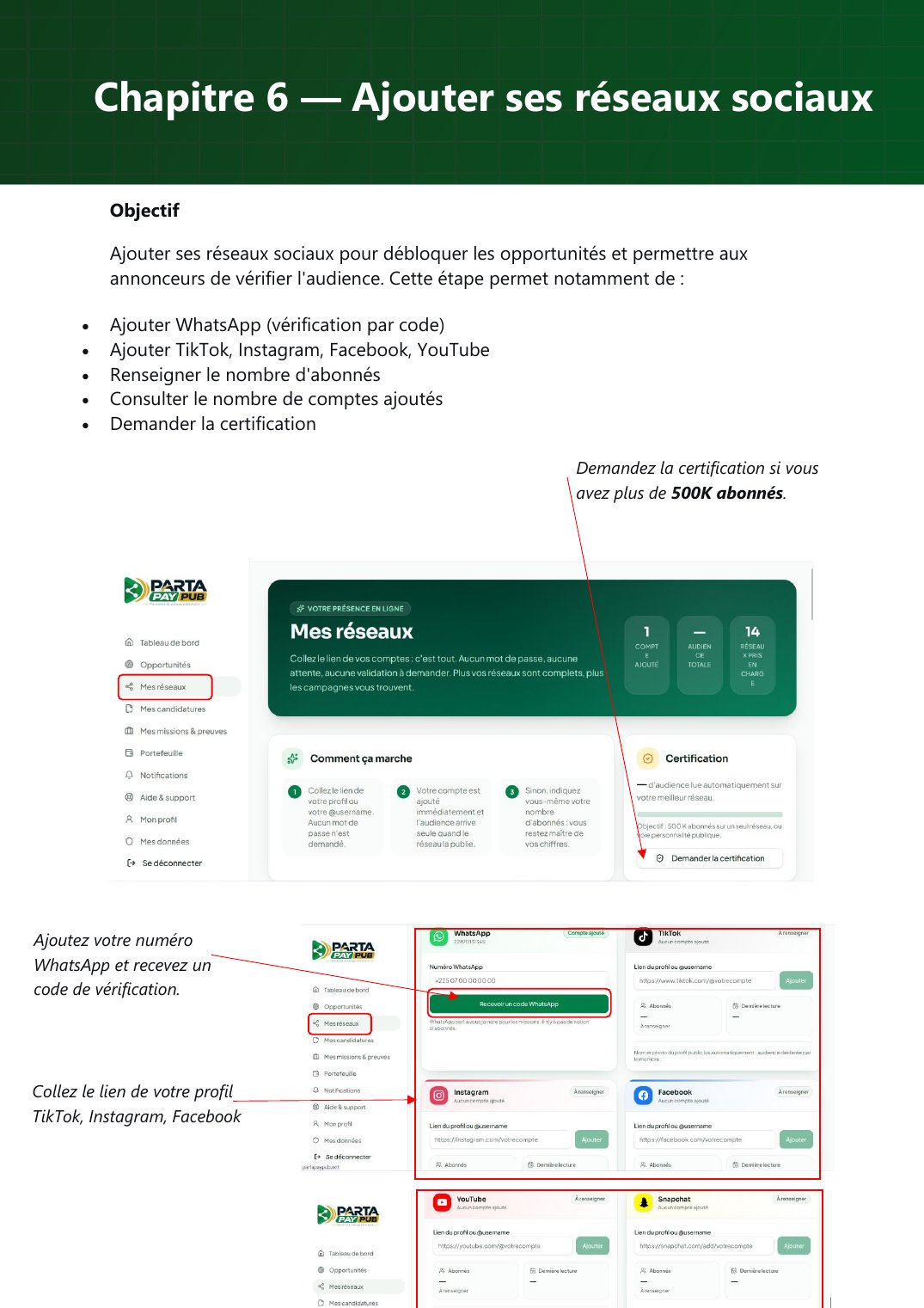 Mes réseaux : WhatsApp, liens de profils et certification.
