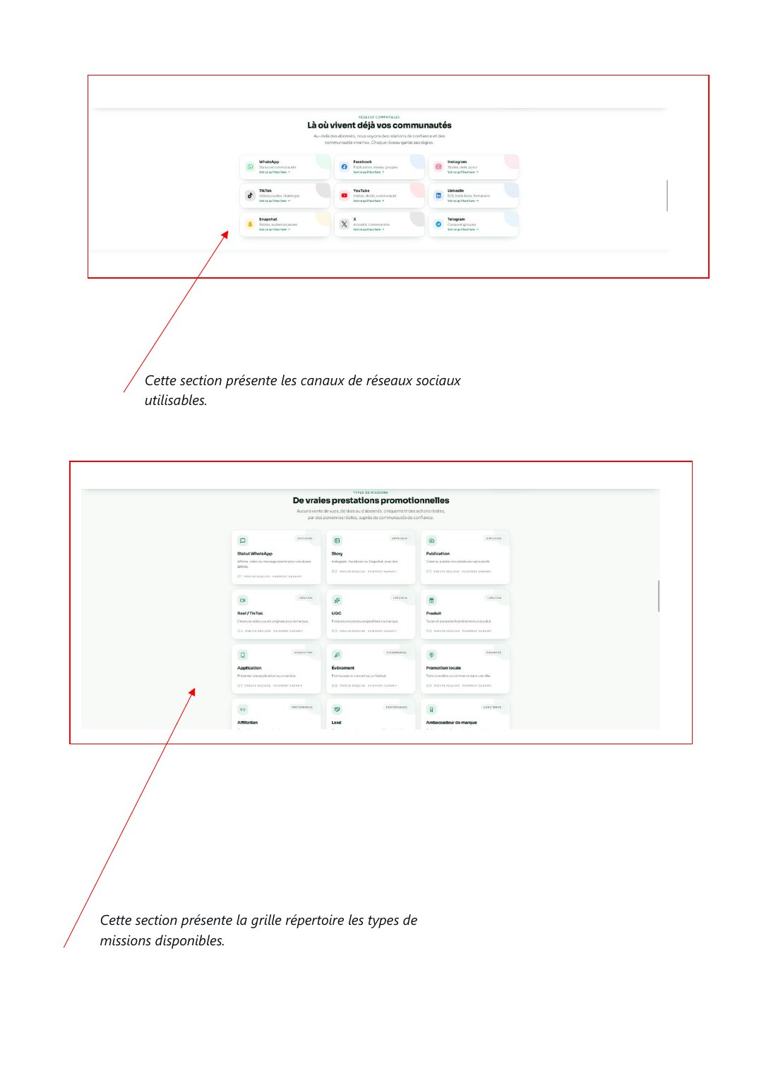 Réseaux sociaux utilisables et types de missions disponibles.