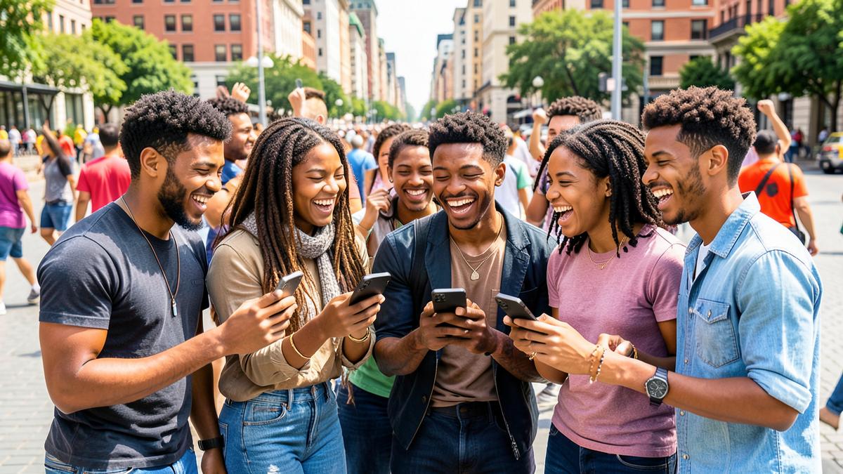 Groupe d’amis partageant du contenu sur leurs téléphones dans une rue animée
