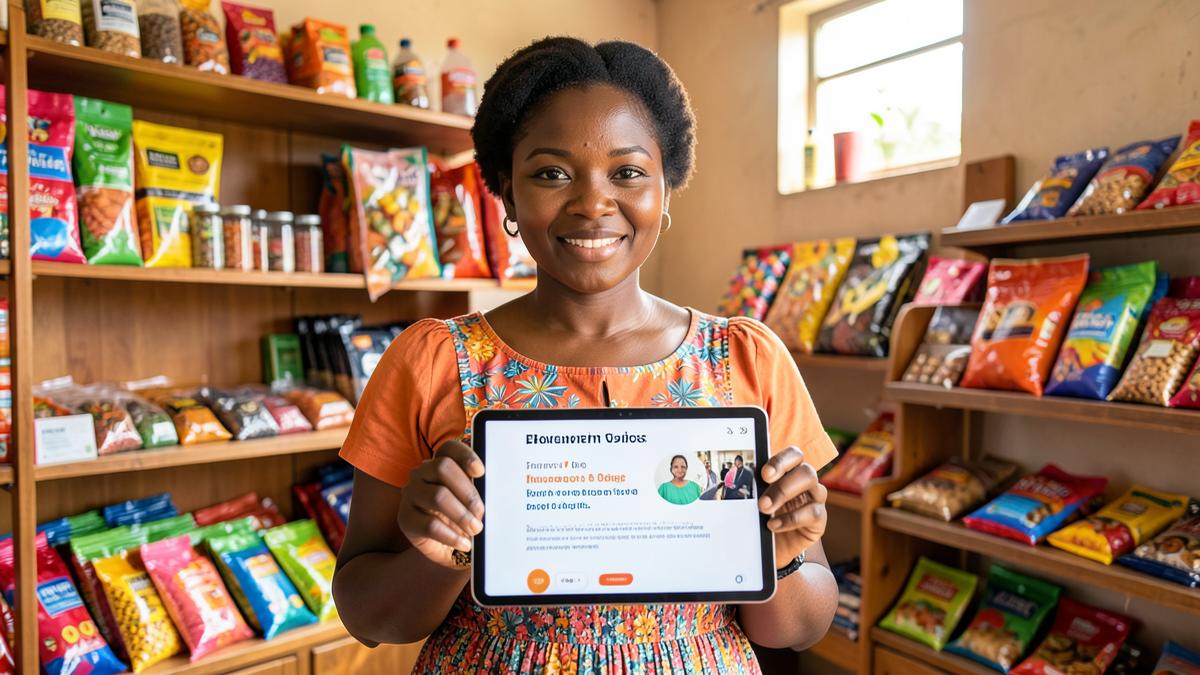 Commerçante présentant une publication promotionnelle sur une tablette dans sa boutique